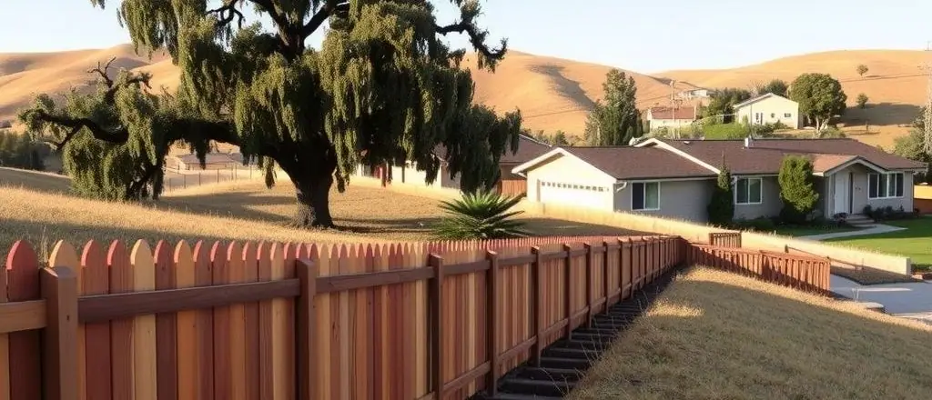 Redwood picket fence stepping along a sloped lot beside an oak tree, with ranch houses and golden hills behind